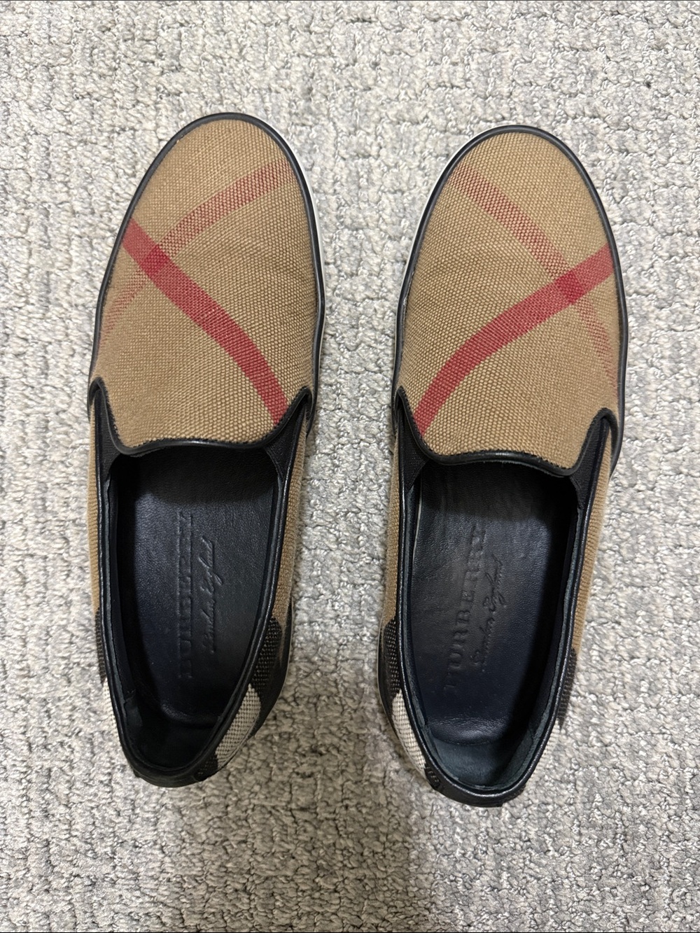 Women’s Slip-On Canvas Loafers in Tan with Red Accent